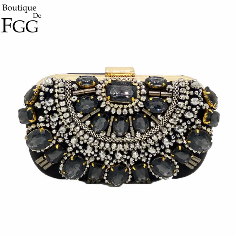 Cool Black Crystal Evening Purse with Metal Clutches