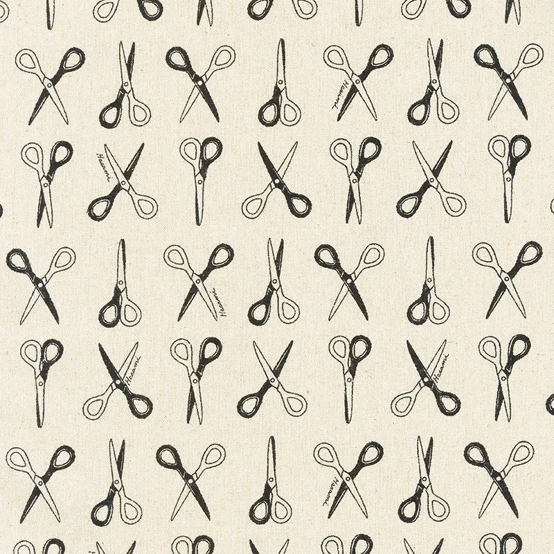 Cotton Flax Prints - Scissors Natural Black Yardage