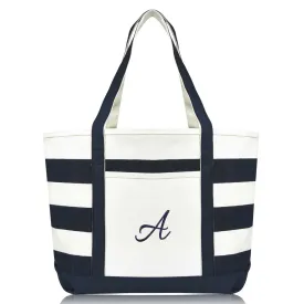 Dalix Premium Beach Bags Striped Navy Blue Zippered Tote Bag Monogrammed A-Z