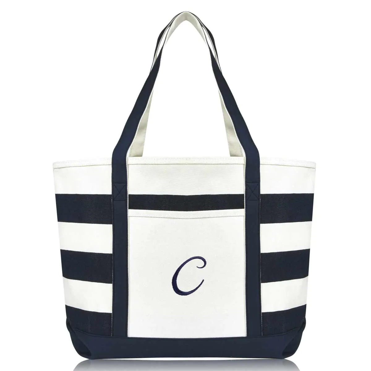 Dalix Premium Beach Bags Striped Navy Blue Zippered Tote Bag Monogrammed A-Z
