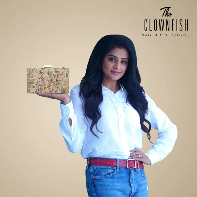 Evening Clutch: Tapestry Design with Crystal Clasp | Detachable Chain Strap | 20x4x13 cm | Beige