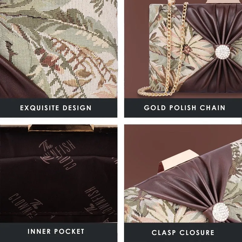 Evening Clutch: Tapestry Design with Crystal Clasp | Detachable Chain Strap | 20x4x13 cm | Beige