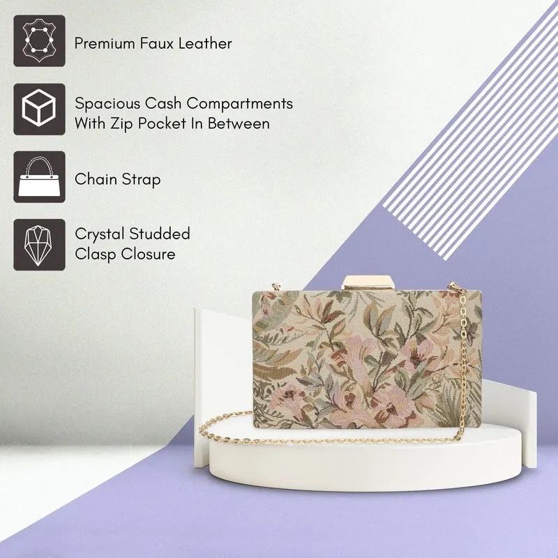 Evening Clutch: Tapestry Design with Crystal Clasp | Detachable Chain Strap | 20x4x13 cm | Beige