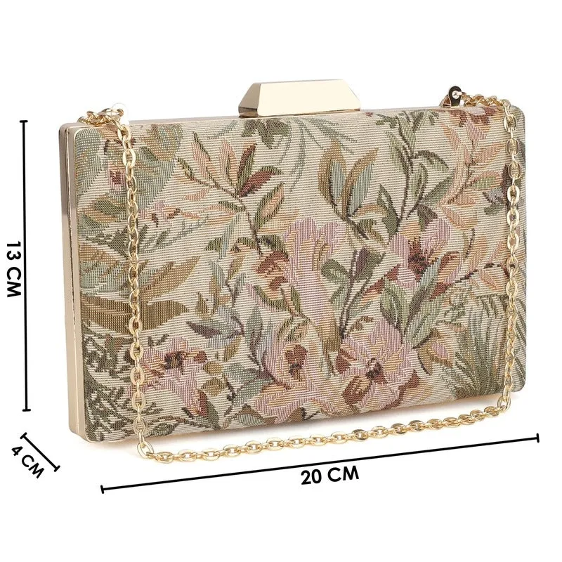 Evening Clutch: Tapestry Design with Crystal Clasp | Detachable Chain Strap | 20x4x13 cm | Beige