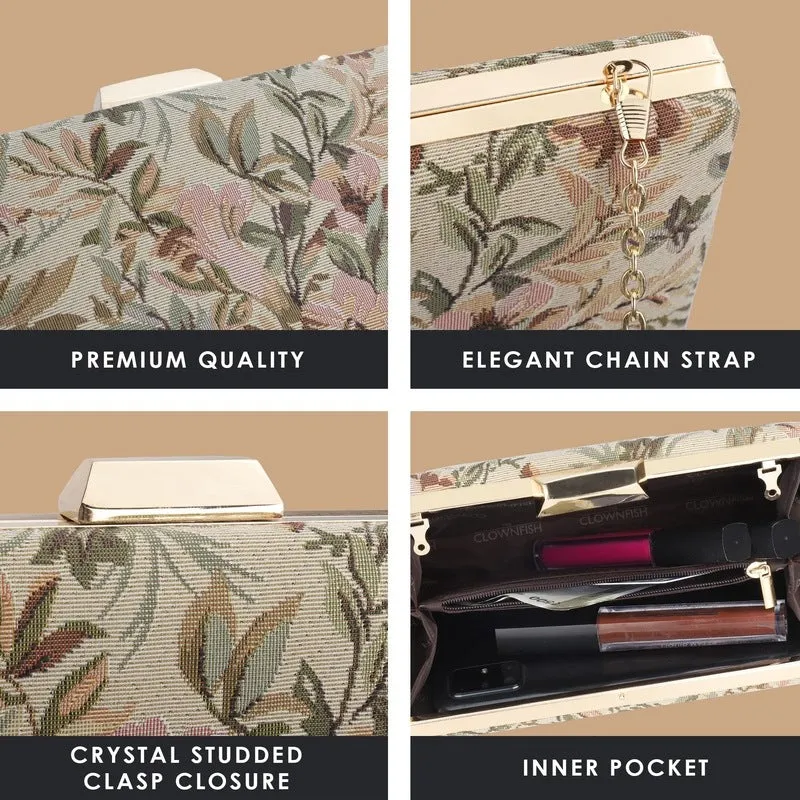 Evening Clutch: Tapestry Design with Crystal Clasp | Detachable Chain Strap | 20x4x13 cm | Beige