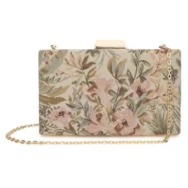 Evening Clutch: Tapestry Design with Crystal Clasp | Detachable Chain Strap | 20x4x13 cm | Beige