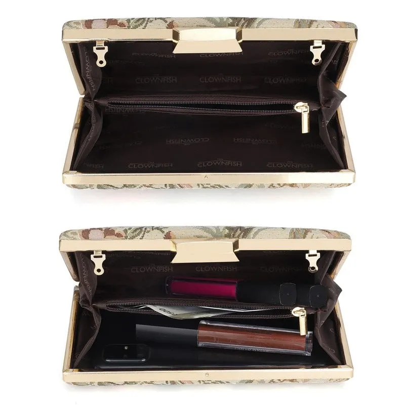 Evening Clutch: Tapestry Design with Crystal Clasp | Detachable Chain Strap | 20x4x13 cm | Beige