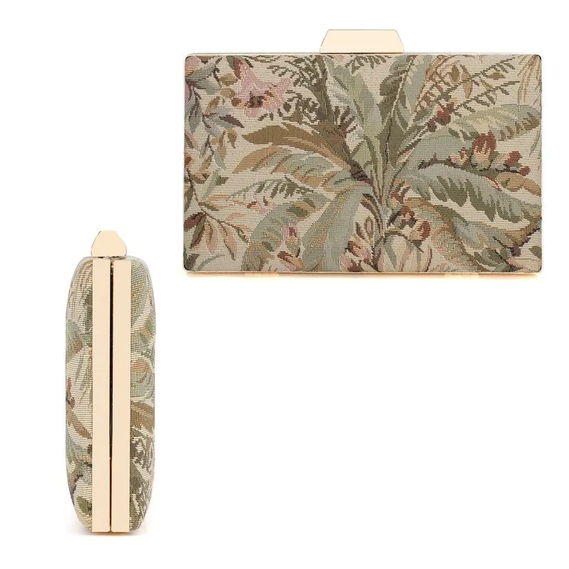 Evening Clutch: Tapestry Design with Crystal Clasp | Detachable Chain Strap | 20x4x13 cm | Beige