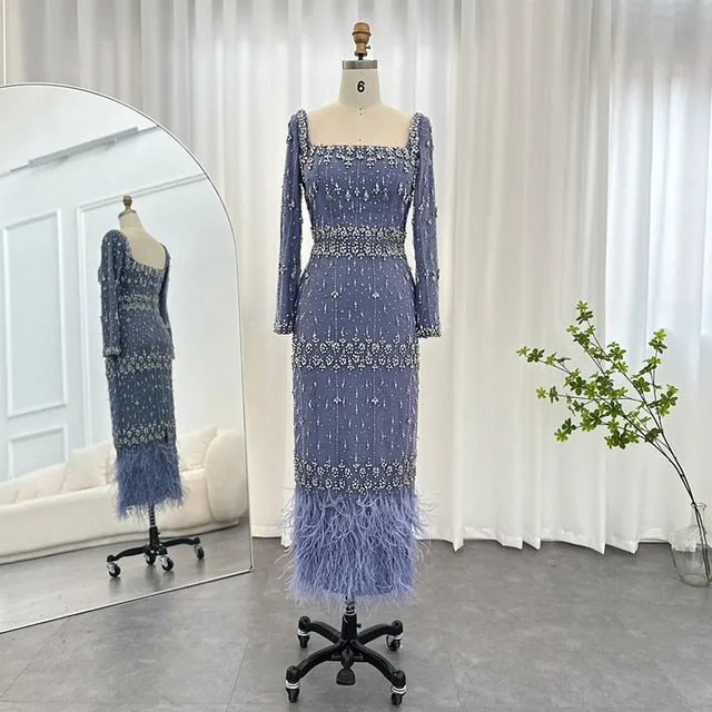 Luxury Gray Feather Straight Evening Dress with Cape Sleeves SS279