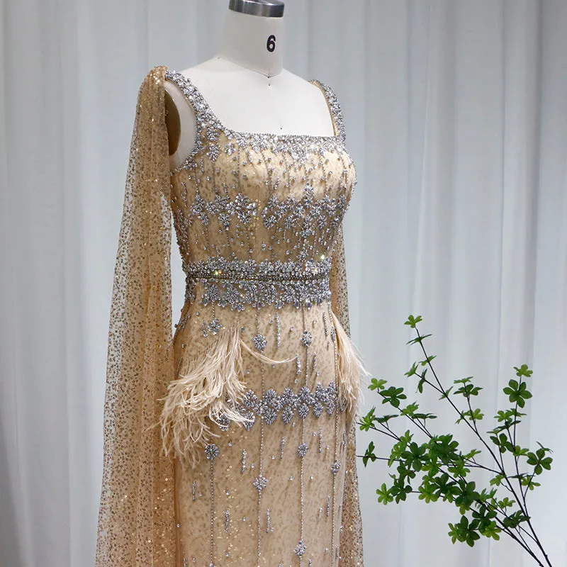 Luxury Gray Feather Straight Evening Dress with Cape Sleeves SS279