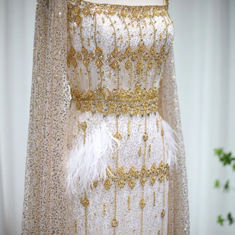 Luxury Gray Feather Straight Evening Dress with Cape Sleeves SS279