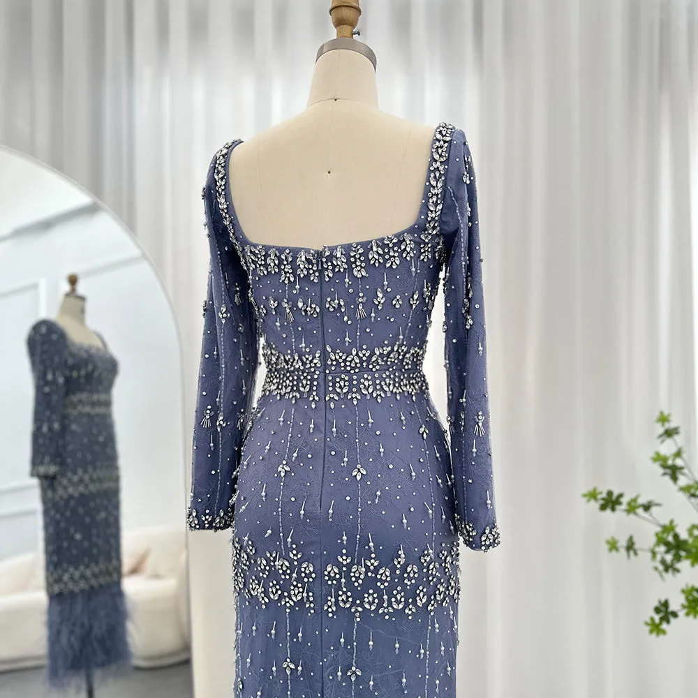 Luxury Gray Feather Straight Evening Dress with Cape Sleeves SS279