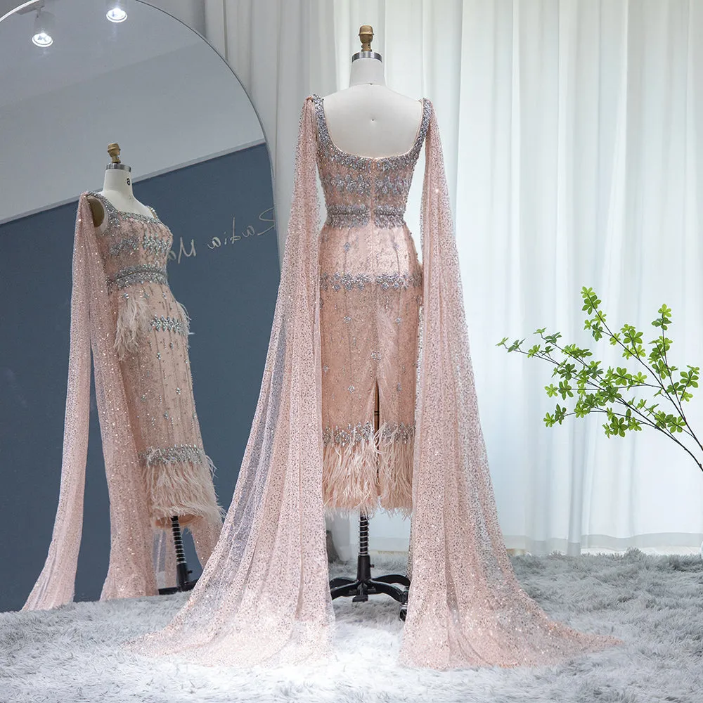 Luxury Gray Feather Straight Evening Dress with Cape Sleeves SS279