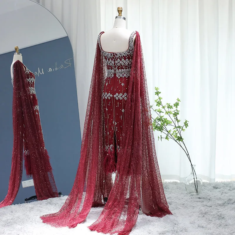 Luxury Gray Feather Straight Evening Dress with Cape Sleeves SS279
