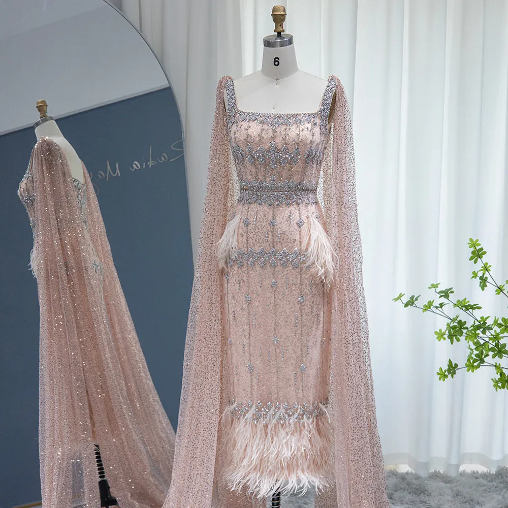 Luxury Gray Feather Straight Evening Dress with Cape Sleeves SS279