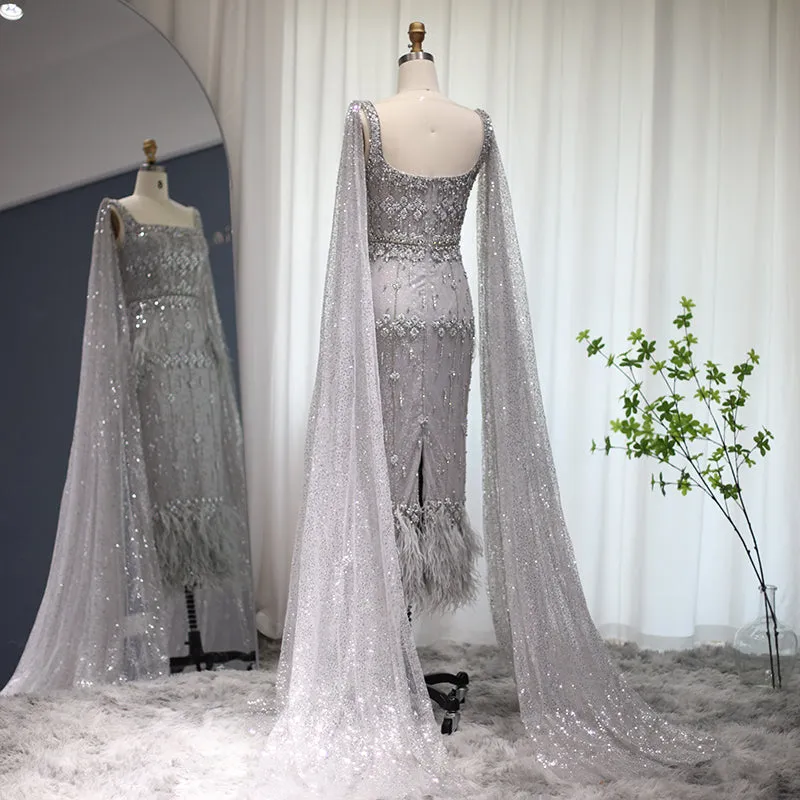 Luxury Gray Feather Straight Evening Dress with Cape Sleeves SS279