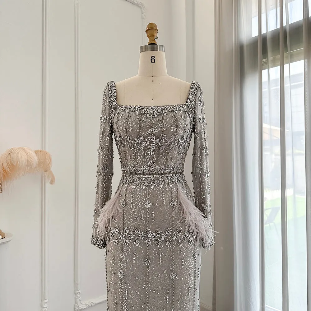 Luxury Gray Feather Straight Evening Dress with Cape Sleeves SS279