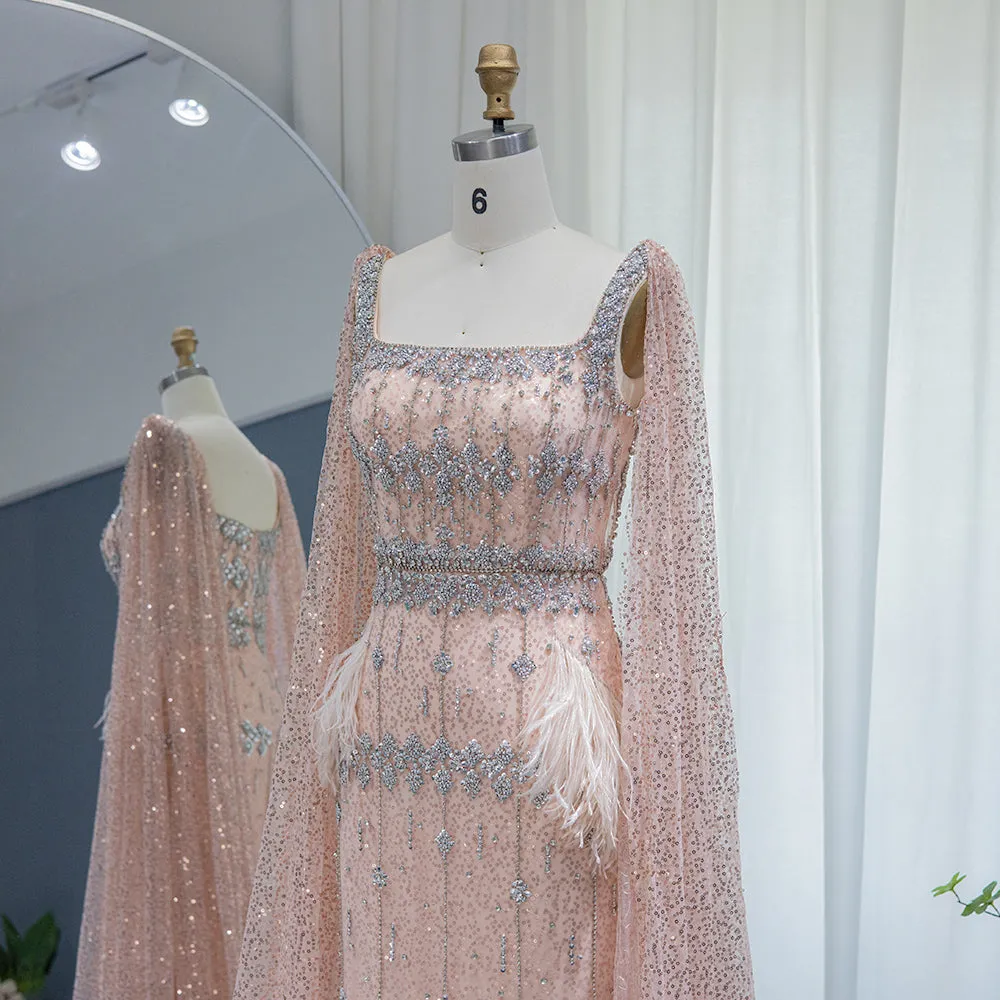 Luxury Gray Feather Straight Evening Dress with Cape Sleeves SS279