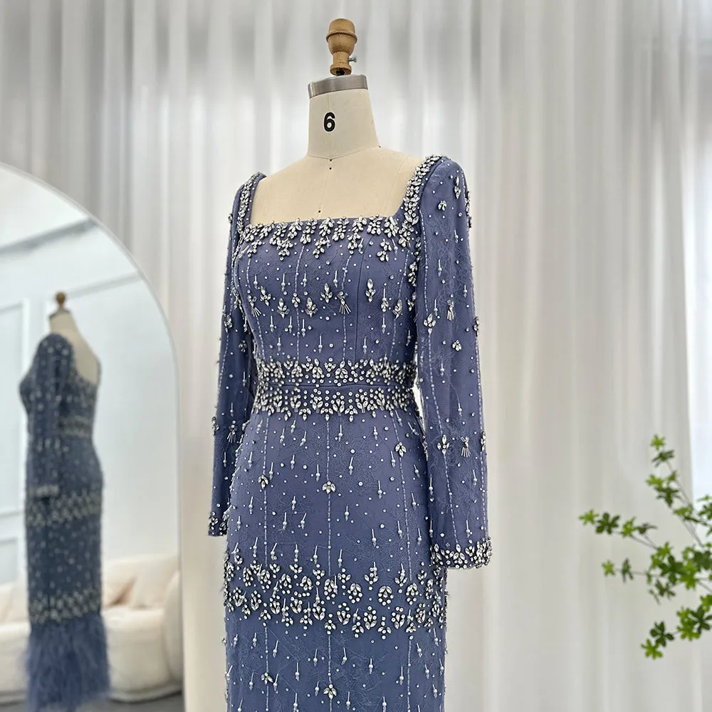 Luxury Gray Feather Straight Evening Dress with Cape Sleeves SS279