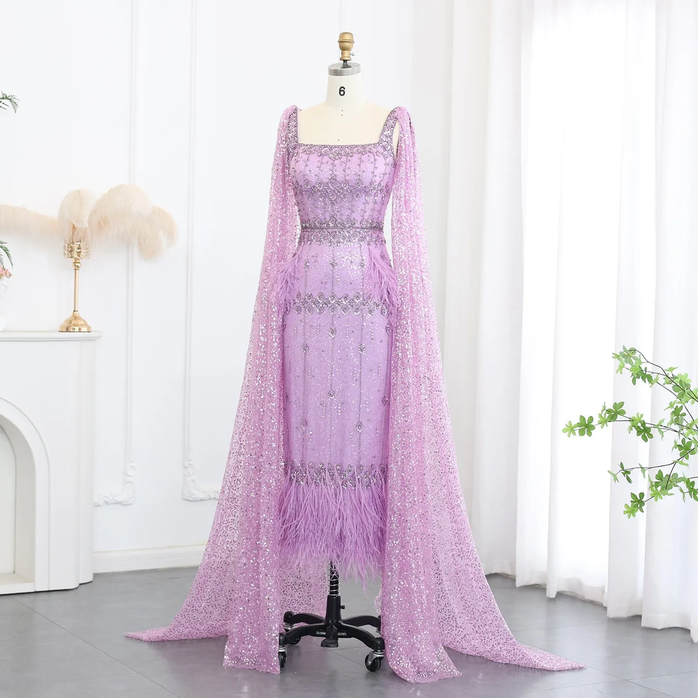 Luxury Gray Feather Straight Evening Dress with Cape Sleeves SS279