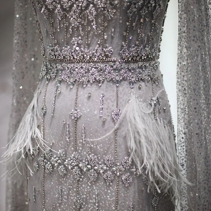 Luxury Gray Feather Straight Evening Dress with Cape Sleeves SS279