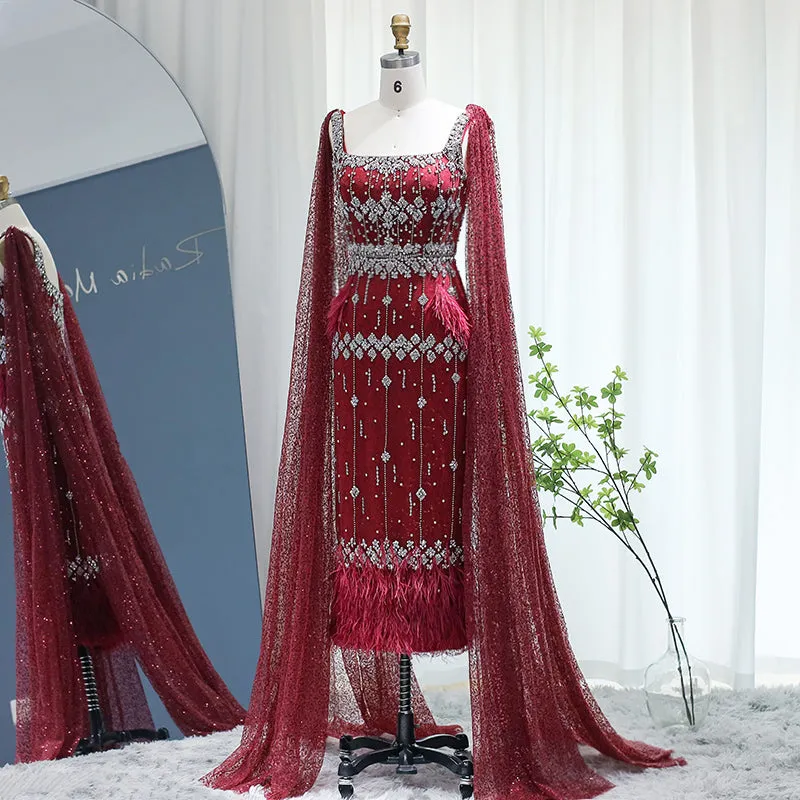 Luxury Gray Feather Straight Evening Dress with Cape Sleeves SS279