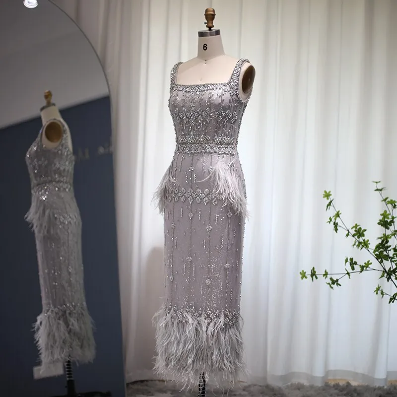 Luxury Gray Feather Straight Evening Dress with Cape Sleeves SS279