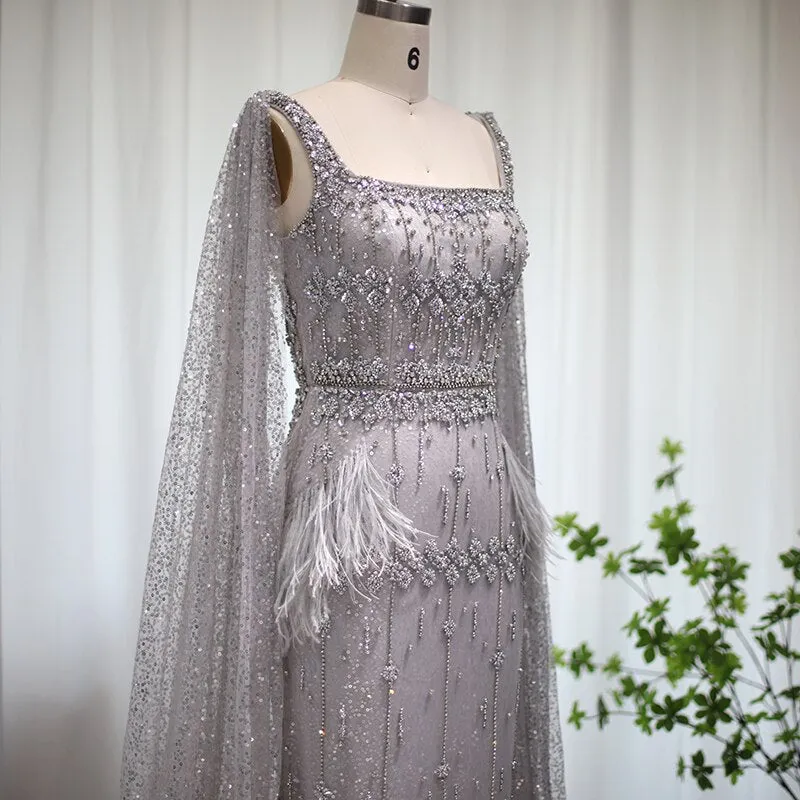 Luxury Gray Feather Straight Evening Dress with Cape Sleeves SS279