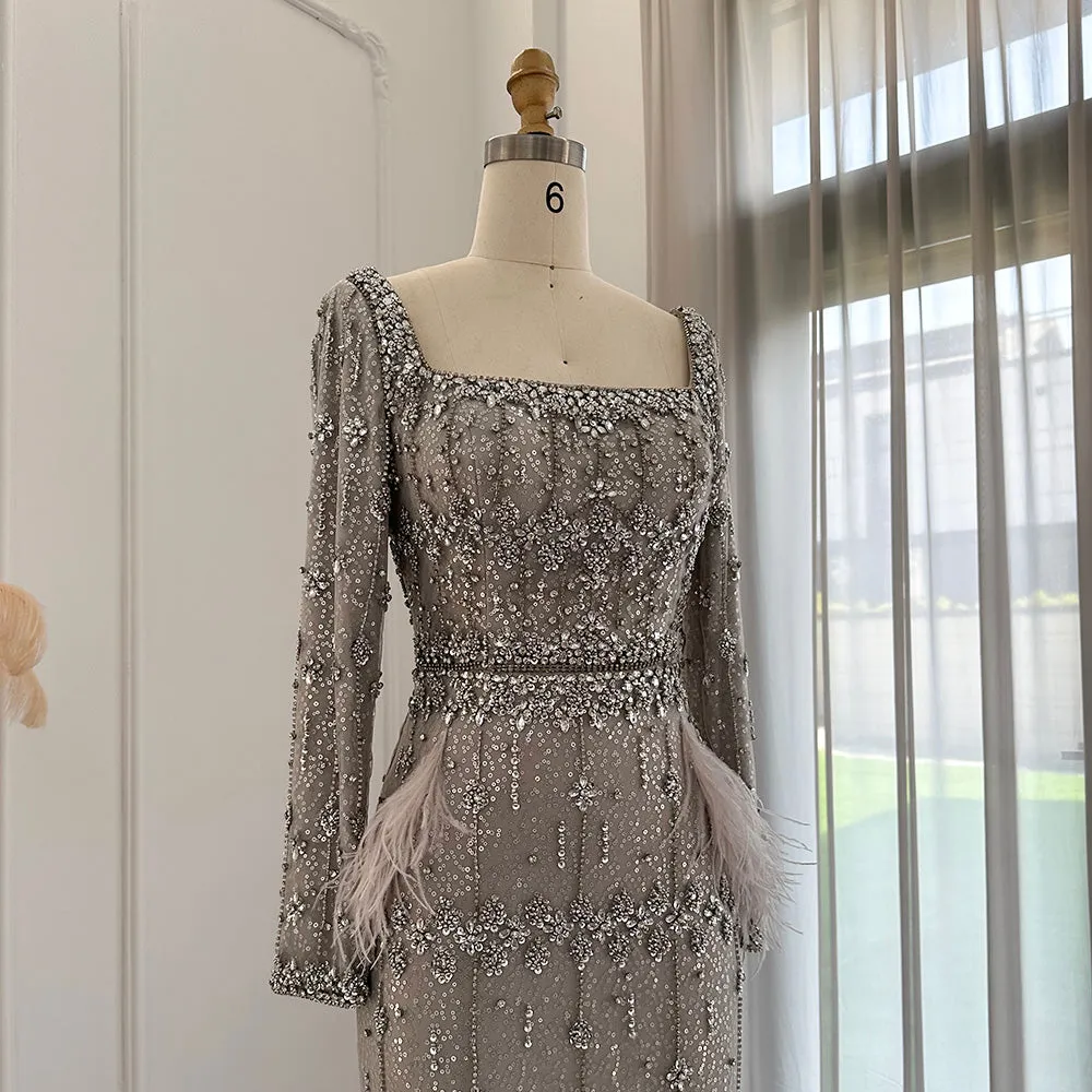 Luxury Gray Feather Straight Evening Dress with Cape Sleeves SS279