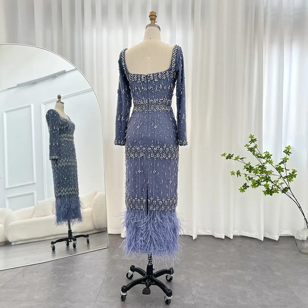 Luxury Gray Feather Straight Evening Dress with Cape Sleeves SS279