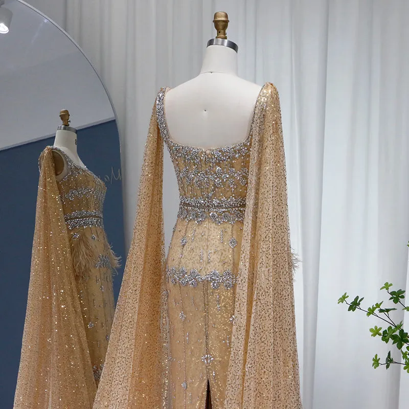 Luxury Gray Feather Straight Evening Dress with Cape Sleeves SS279