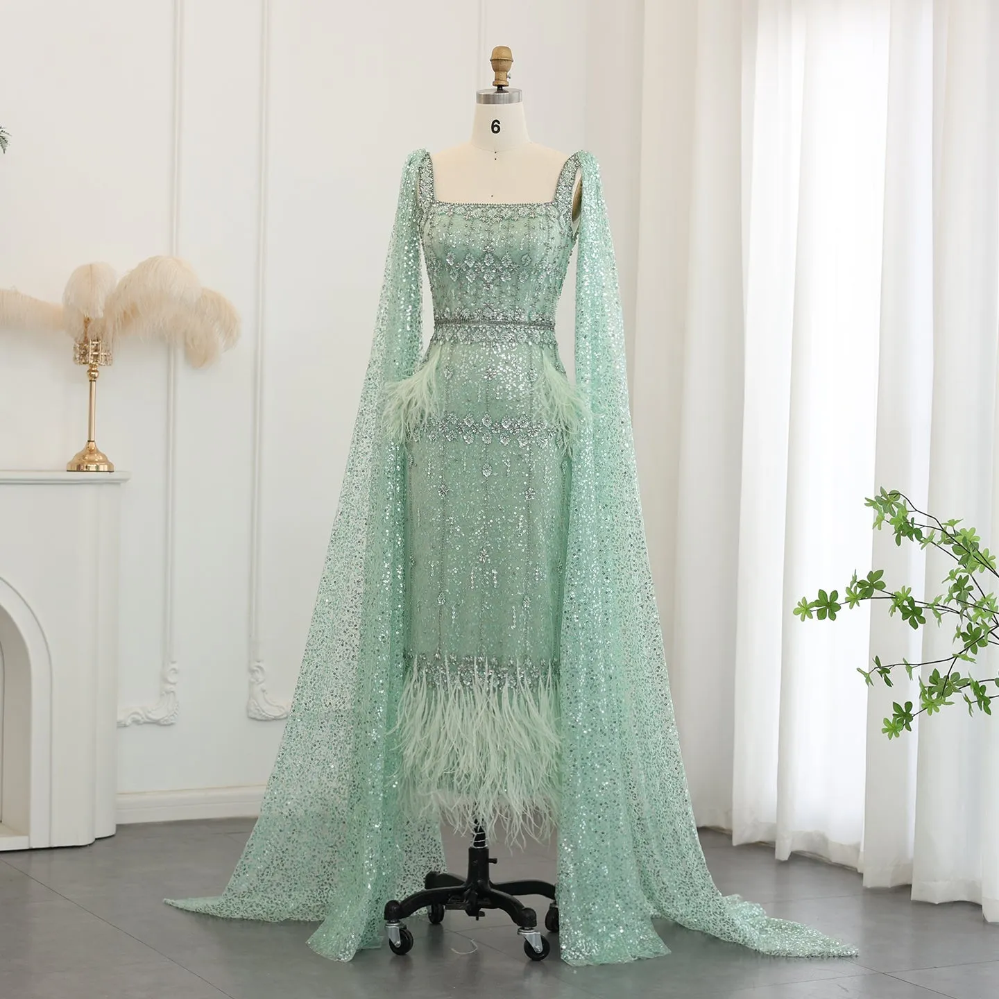 Luxury Gray Feather Straight Evening Dress with Cape Sleeves SS279