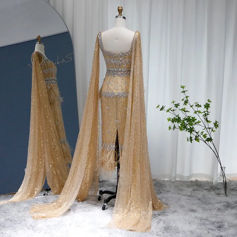 Luxury Gray Feather Straight Evening Dress with Cape Sleeves SS279
