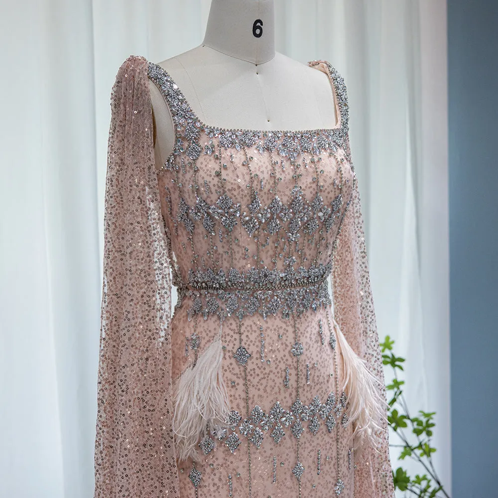 Luxury Gray Feather Straight Evening Dress with Cape Sleeves SS279