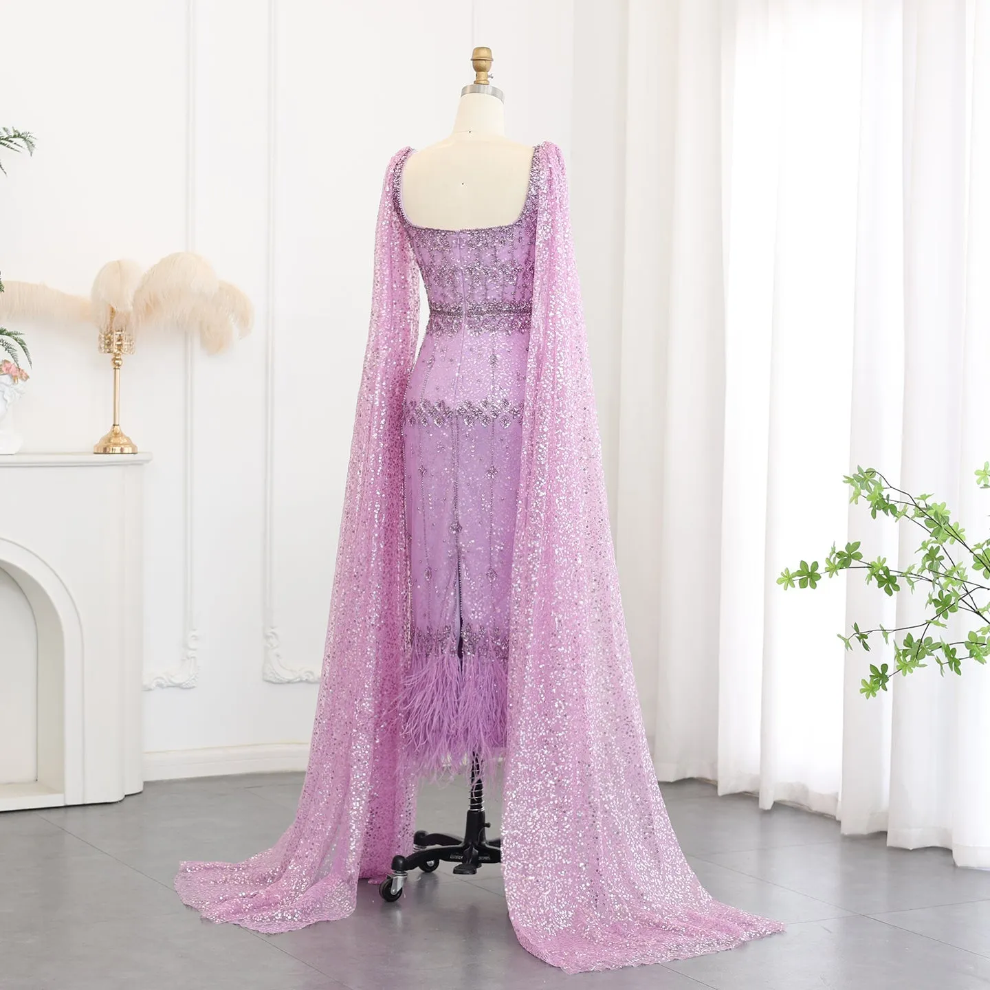 Luxury Gray Feather Straight Evening Dress with Cape Sleeves SS279