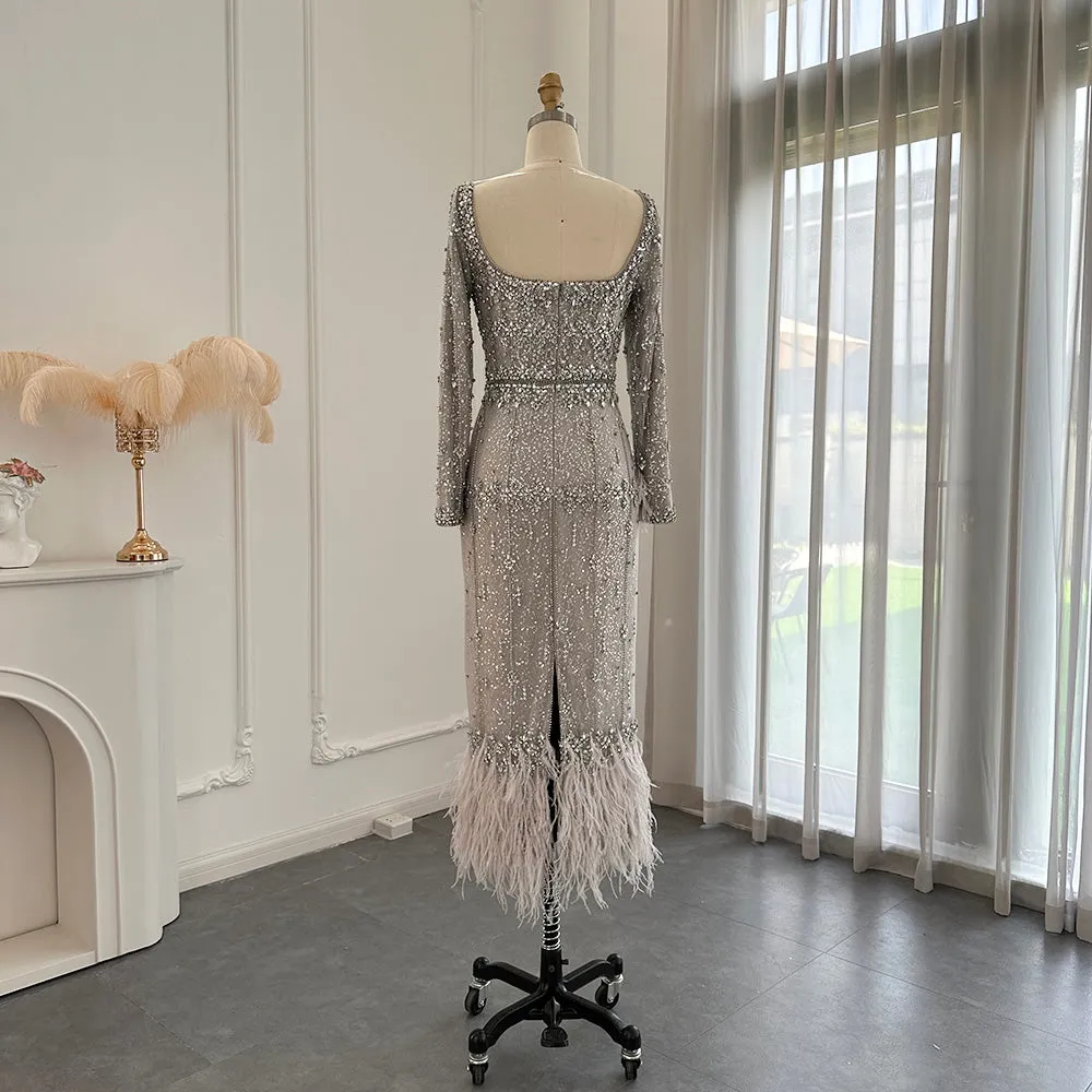 Luxury Gray Feather Straight Evening Dress with Cape Sleeves SS279