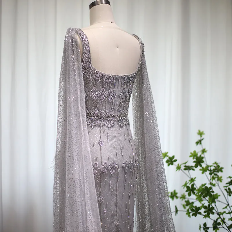 Luxury Gray Feather Straight Evening Dress with Cape Sleeves SS279