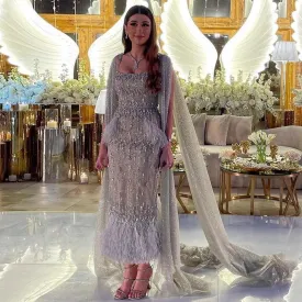 Luxury Gray Feather Straight Evening Dress with Cape Sleeves SS279