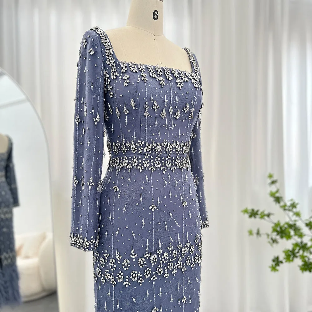 Luxury Gray Feather Straight Evening Dress with Cape Sleeves SS279