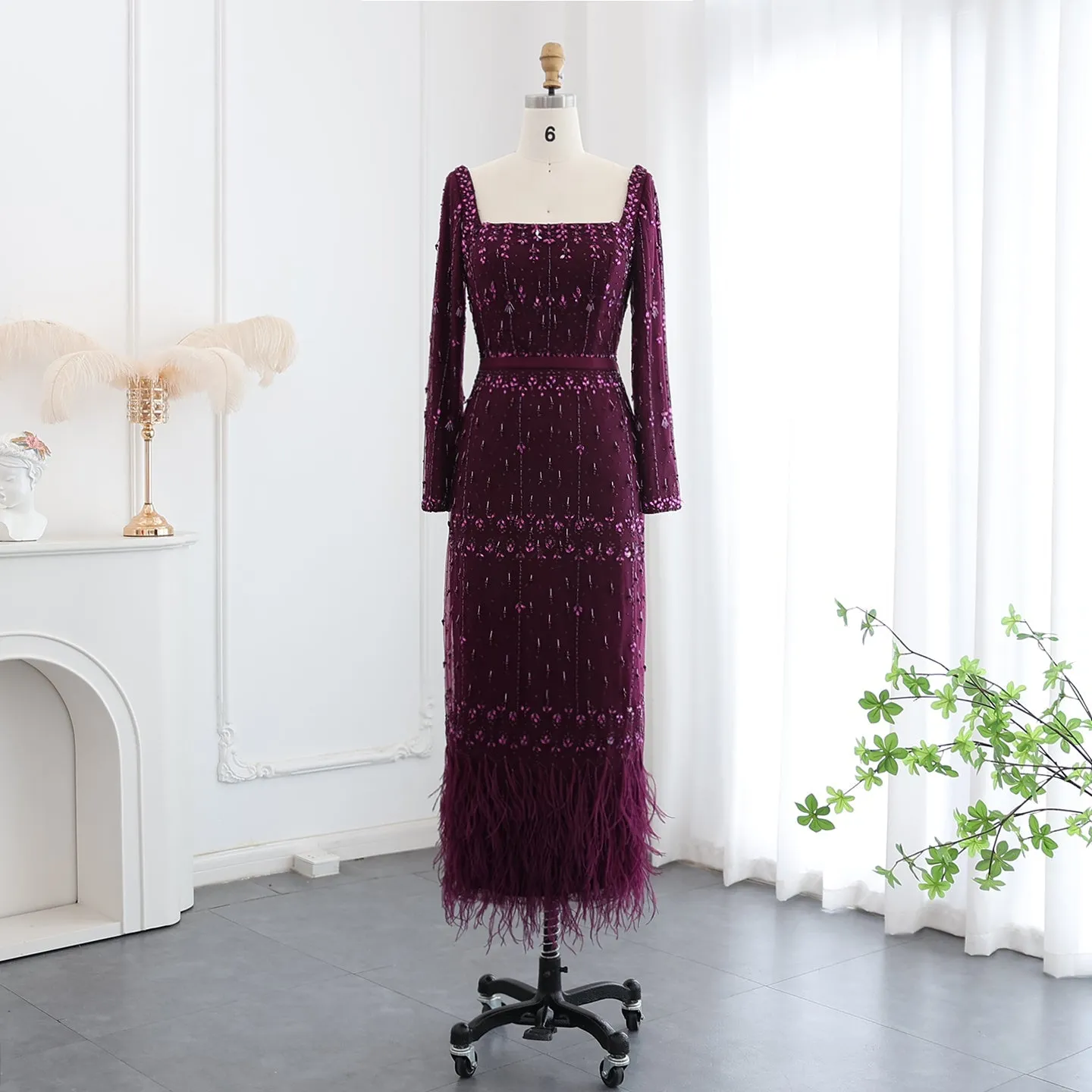 Luxury Gray Feather Straight Evening Dress with Cape Sleeves SS279