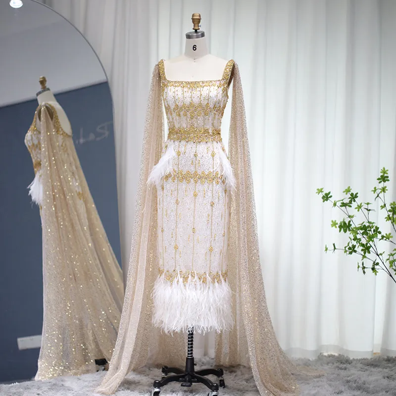Luxury Gray Feather Straight Evening Dress with Cape Sleeves SS279