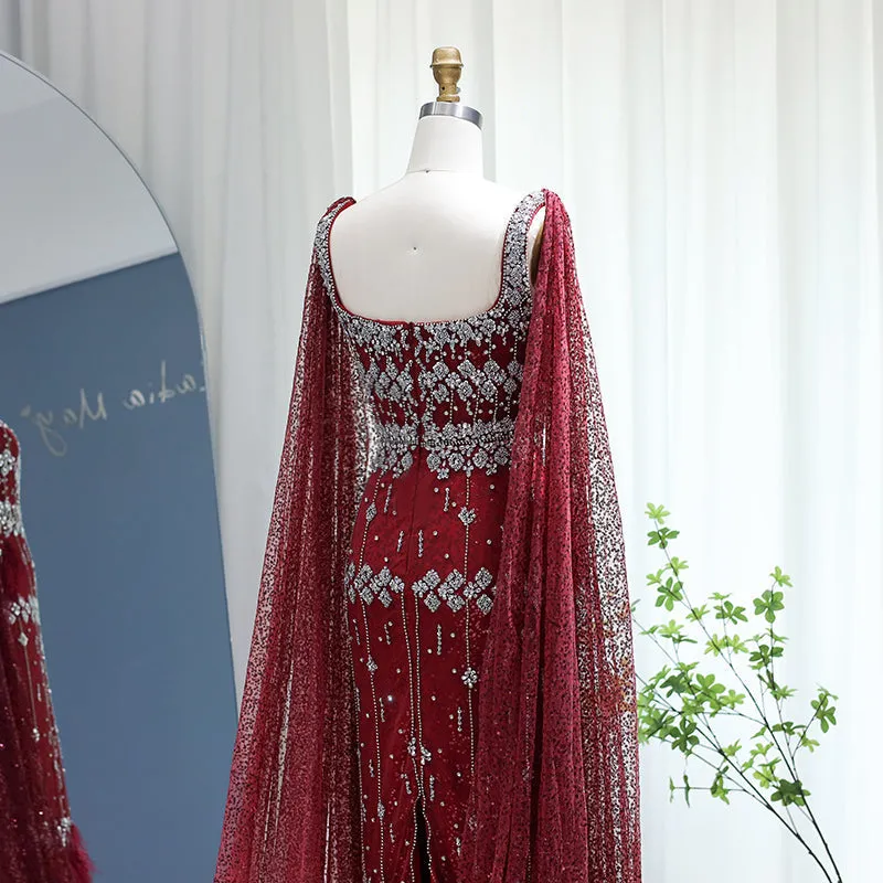 Luxury Gray Feather Straight Evening Dress with Cape Sleeves SS279