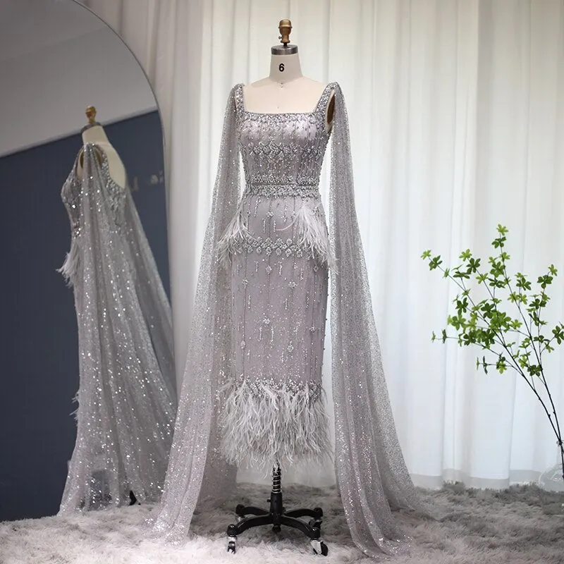 Luxury Gray Feather Straight Evening Dress with Cape Sleeves SS279