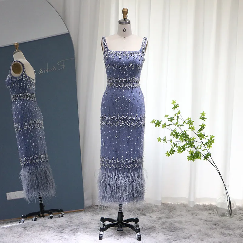 Luxury Gray Feather Straight Evening Dress with Cape Sleeves SS279
