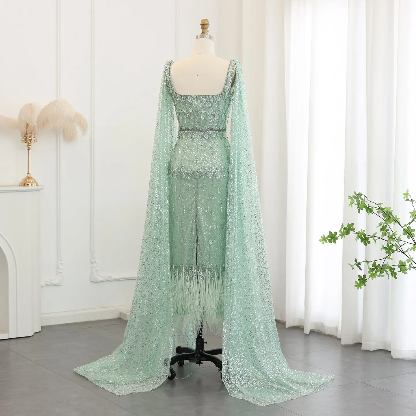 Luxury Gray Feather Straight Evening Dress with Cape Sleeves SS279