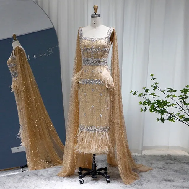 Luxury Gray Feather Straight Evening Dress with Cape Sleeves SS279