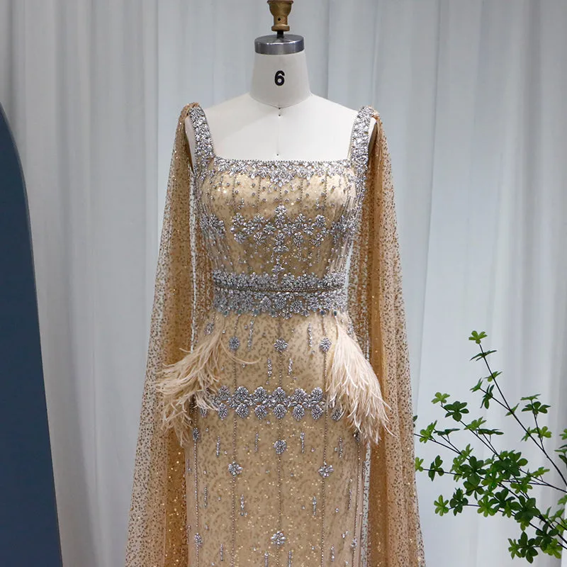 Luxury Gray Feather Straight Evening Dress with Cape Sleeves SS279