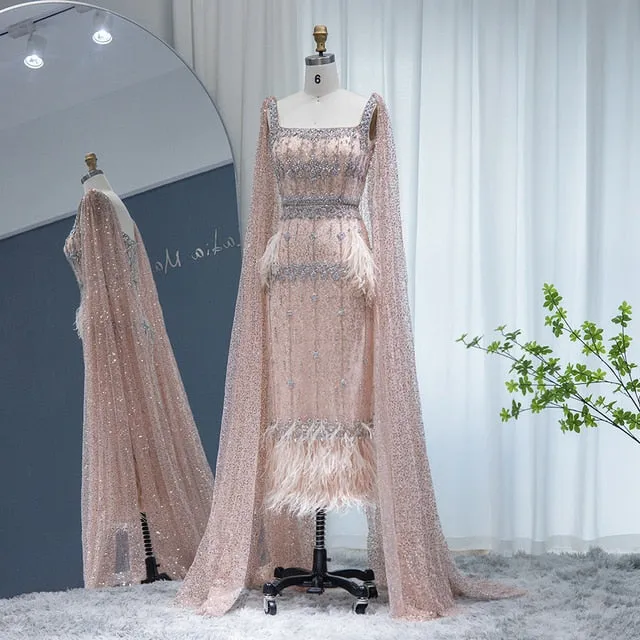 Luxury Gray Feather Straight Evening Dress with Cape Sleeves SS279