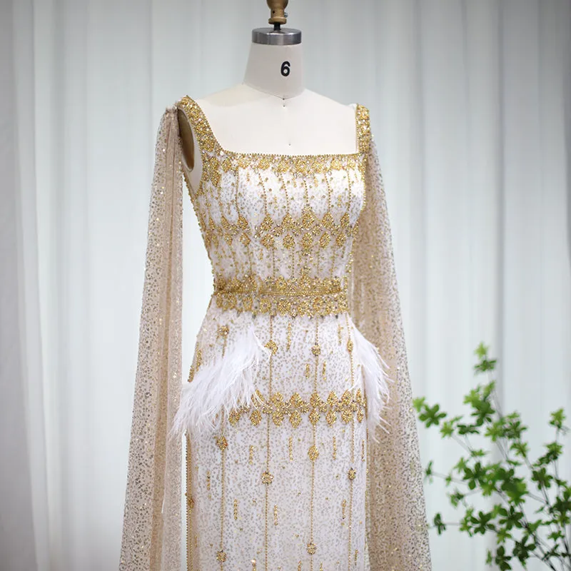 Luxury Gray Feather Straight Evening Dress with Cape Sleeves SS279