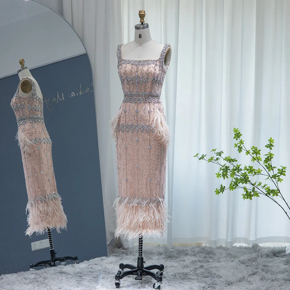 Luxury Gray Feather Straight Evening Dress with Cape Sleeves SS279